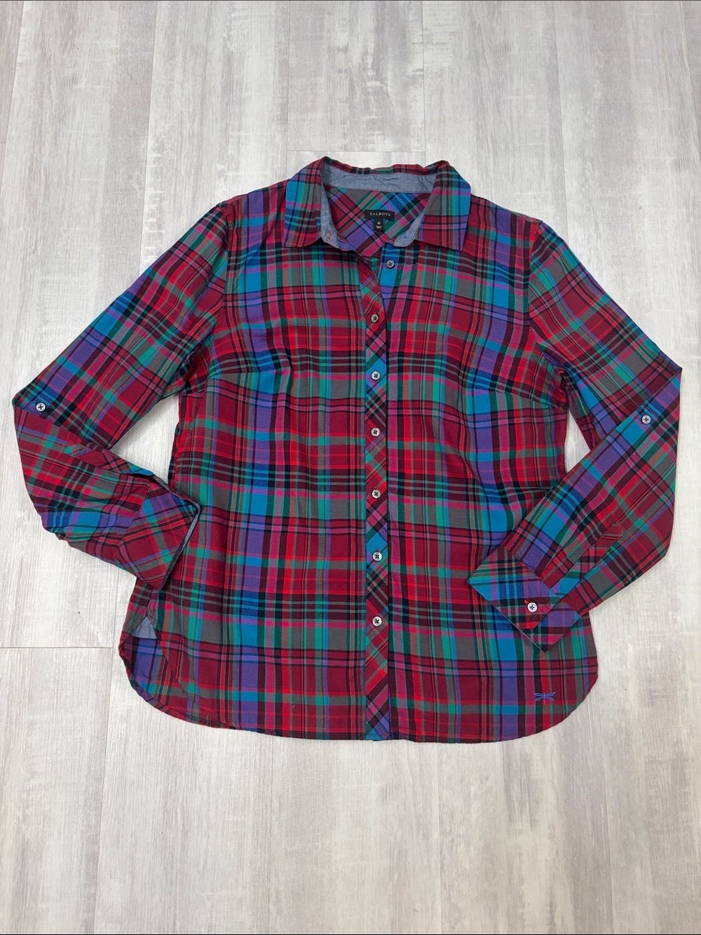 Talbots Red & Teal Plaid Button-Down Shirt Medium
